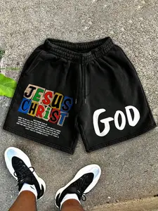 Men's Shorts with God Letter Print, Bold Letter Prints, Streetwear Street Style Outdoor Casual Wear, Fashionable Comfortable Spring & Fall Apparel, Graphic, Casual Drawstring Shorts