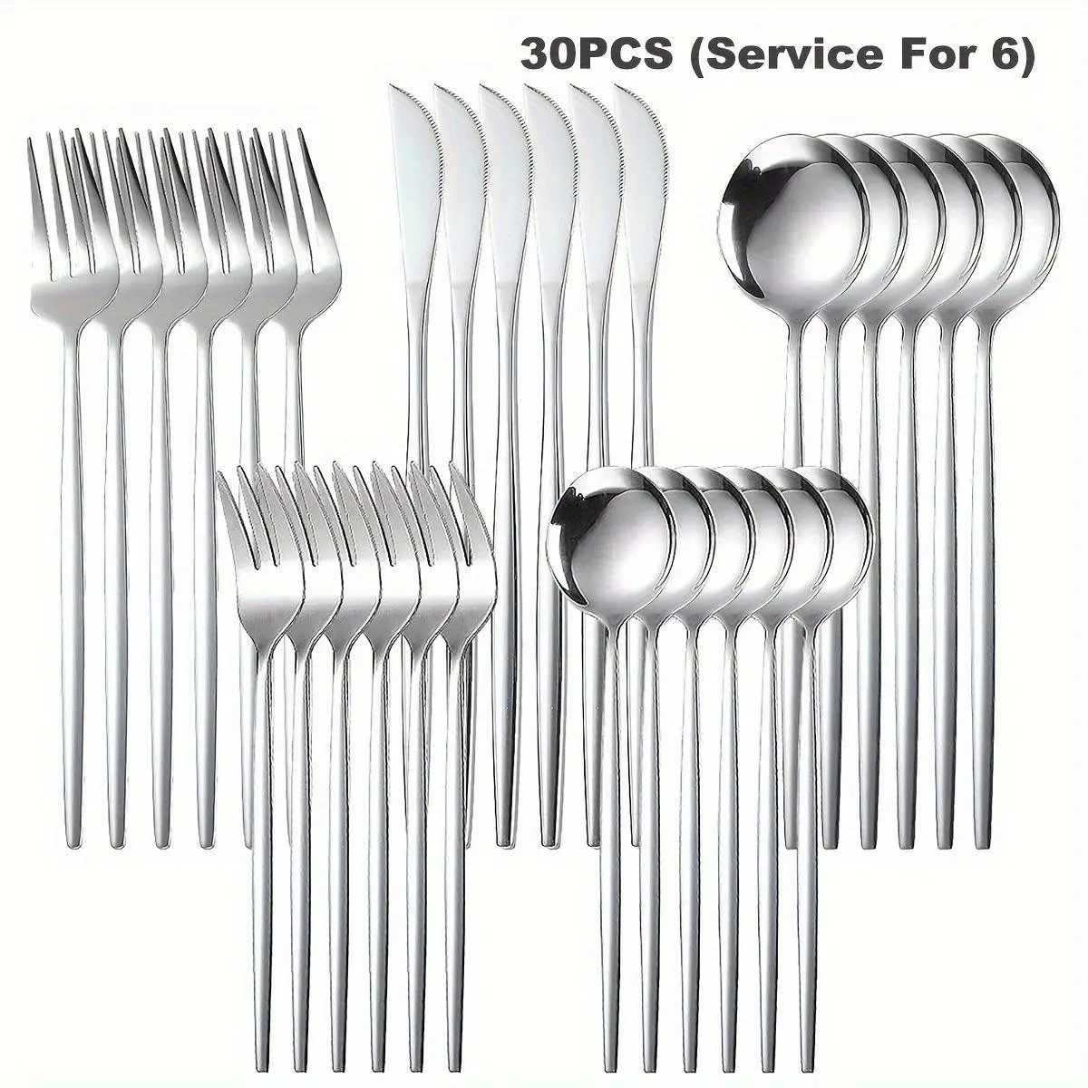30-Piece Portuguese Silver Color Stainless Steel Cutlery Set - Mirror Polished, Dishwasher Safe, Black Matte Finish, Ideal for Weddings, Home Use for Guests (16-Piece Dinnerware Inclusive), 30 Pieces flatware ware plastic Ceramic Fondue Pot Set Mini bowl