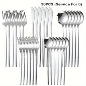 30-Piece Portuguese Silver Color Stainless Steel Flatware Set, Mirror Polished, Dishwasher Safe, Perfect for Weddings, Parties, Dining, Home & Hotel Kitchens