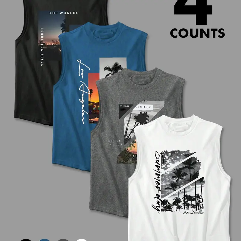 Men's Tropical Landscape Print, Regular Fit Casual Sporty Sleeveless Top for Summer & Daily Wear Sleeveless Tank Tops