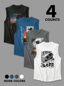 men's landscape print tank top, regular fit casual sporty sleeveless top for summer, men's top for daily wear