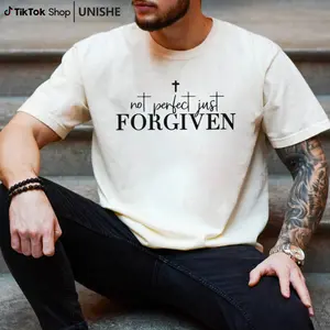 White Casual T-Shirt with Black Cross and 'Not Perfect Just FORGIVEN' Inspirational Text
