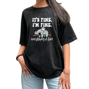 Casual Women's T-Shirt with Koala Cartoon Print – 'It's Fine I'm Fine' Washed Short Sleeve Top