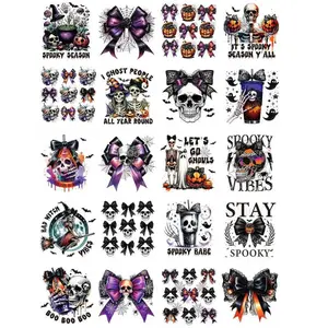 Halloween Uvdtf Cup Wraps - 20 Sheets Spooky Bow UV DTF Cup Wraps for 16 oz Glass, Pumpkin Ghost Bat Skeleton Cobweb Witch Rub on Transfer Sticker, Premium Skull Stickers, UV DTF Decals for Water Bottle Mug DIY Crafts, Decorative Sticker Packs