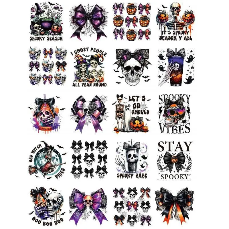 Halloween Uvdtf Cup Wraps - 20 Sheets Spooky Bow UV DTF Cup Wraps for 16 oz Glass, Pumpkin Ghost Bat Skeleton Cobweb Witch Rub on Transfer Sticker, Premium Skull Stickers, UV DTF Decals for Water Bottle Mug DIY Crafts, Decorative Sticker Packs