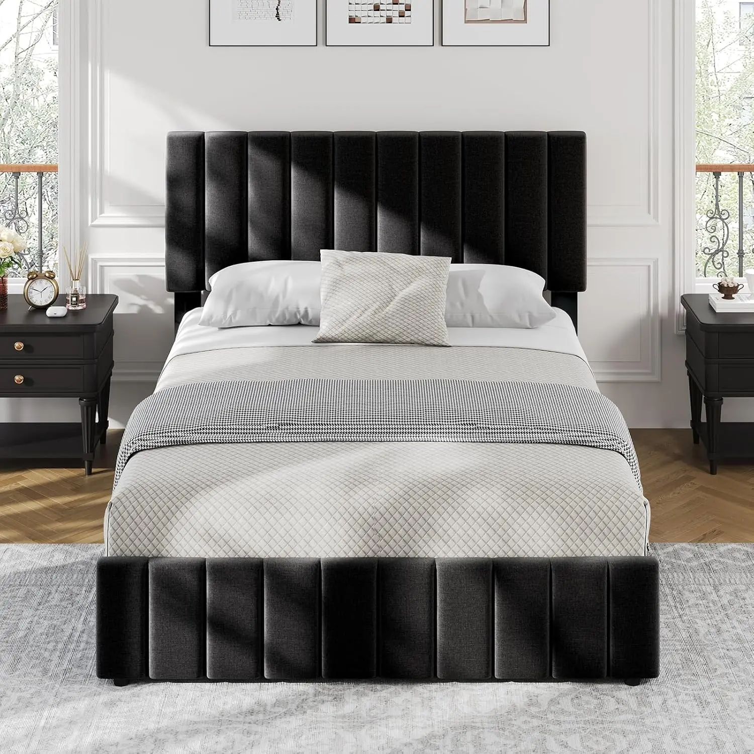 Gaomon Queen Size Upholstered Bed Frame with Queen Size Mattress Compatibility - 4 Storage Drawers, Adjustable Headboard, Wooden Slats Support, No Box Spring Needed, Black