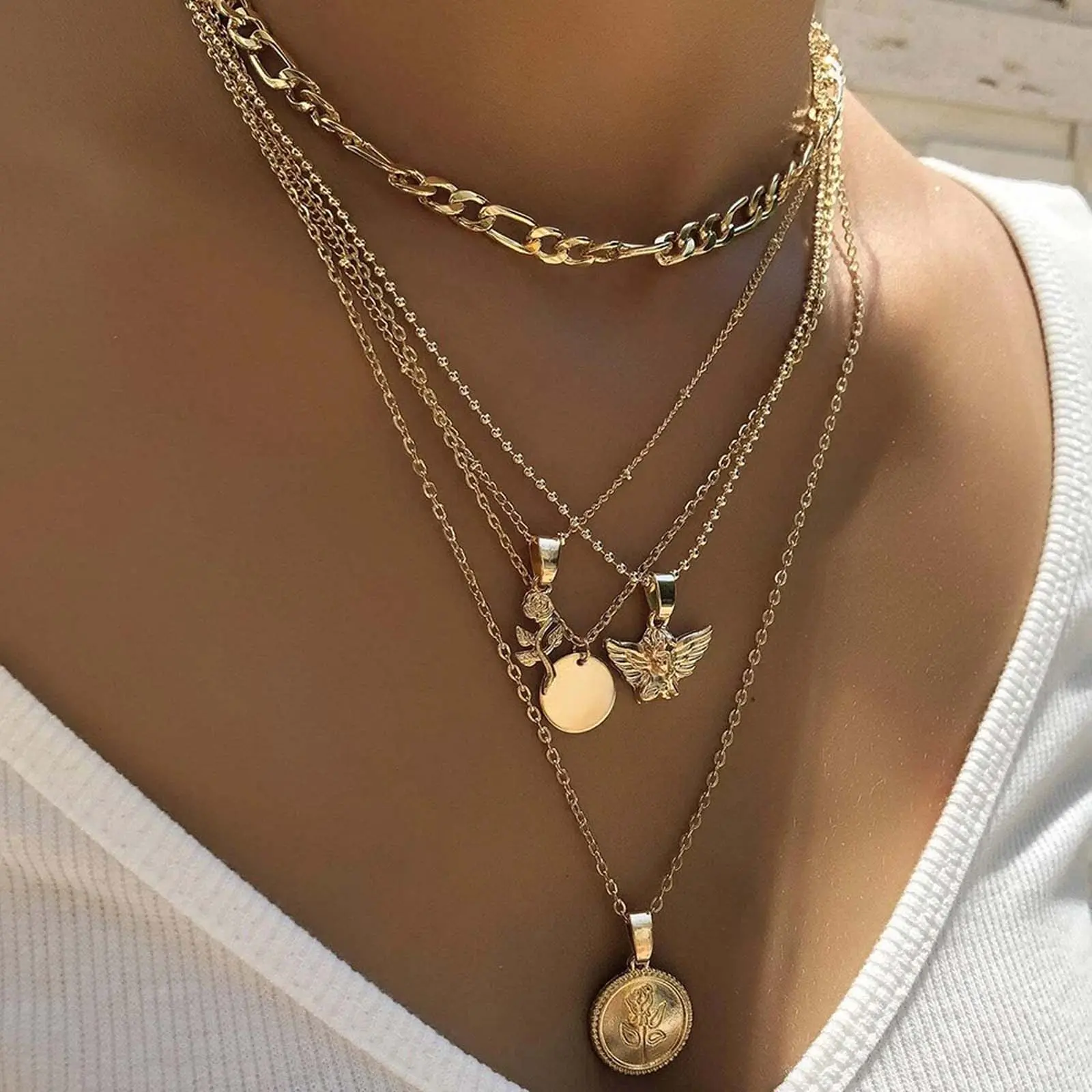 Girls' Metal Coated Multi-Layered Golden Rose Angel Medallion Necklace, Daily Wear Layered Chains Jewelry, Casual Trendy Edgy Punk Alloy Accessory, Daily Wear Necklace, Casual Trendy Jewelry