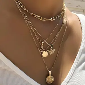 Multi-layer golden rose angel medallion necklace for girls alloy jewelry