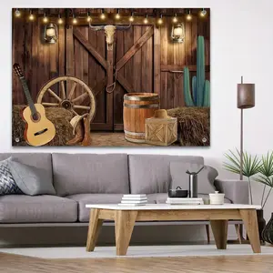 Polyester Western Cowboy Pattern Peach Skin Tapestries, Rustic Log Cabin Barn Door Party Decorative Tapestries, Western Rodeo Peach Skin Tapestries