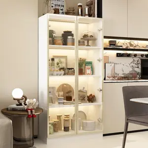 FUFU&GAGA Display Cabinet with Glass Doors and Lights, Glass Display Cabinet with 4-Tier Large Shelves, Pop-up Design, for Living Room Hallway