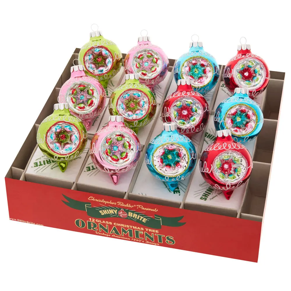 Festive Fete Reflective Glass Ornaments, 12-Count 1.75" Decorated Reflector Rounds for Festive Party Home Decoration