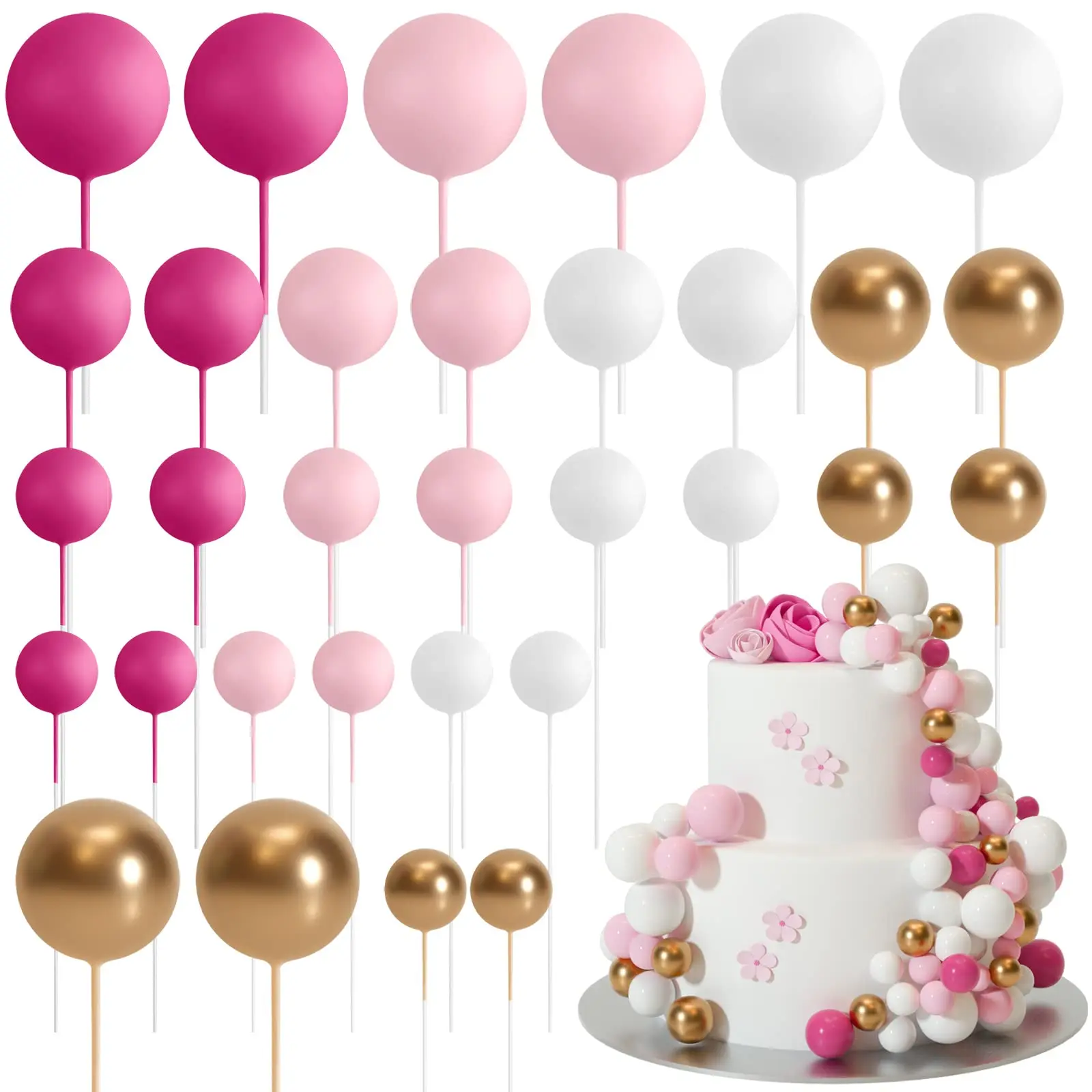 32 Pcs Ball Cake Topper Set – Pink & Gold Foam Balls with Sticks, Mini Balloon-Style Cake Picks for Wedding, Birthday, Party Cake Decorating
