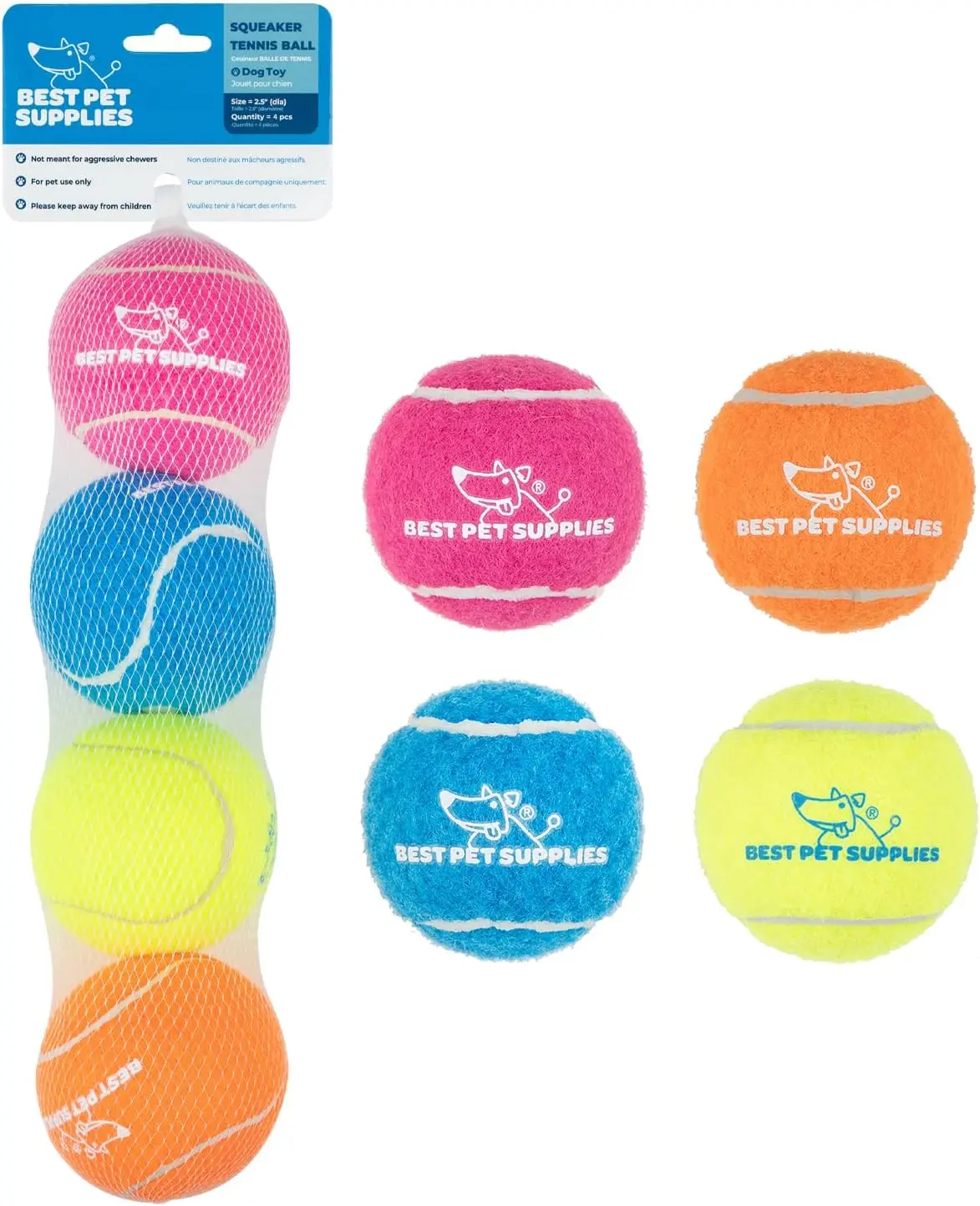 Interactive Squeaky Dog Chew Toy, Ideal Dog Toys for Chewers, Small, Medium & Large Dogs, and Fetch Lovers - Tennis (Assorted Color), Medium (Pack of 4)