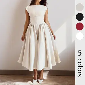 New European and American women's fashion elegant solid color backless patchwork waist-cinching mid-length dress
