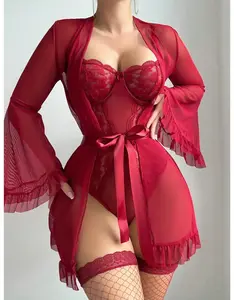 Robe Lingerie Set Floral Lace Teddy Bodysuit with Belt Robe Stockings Long Sleeve Bridal