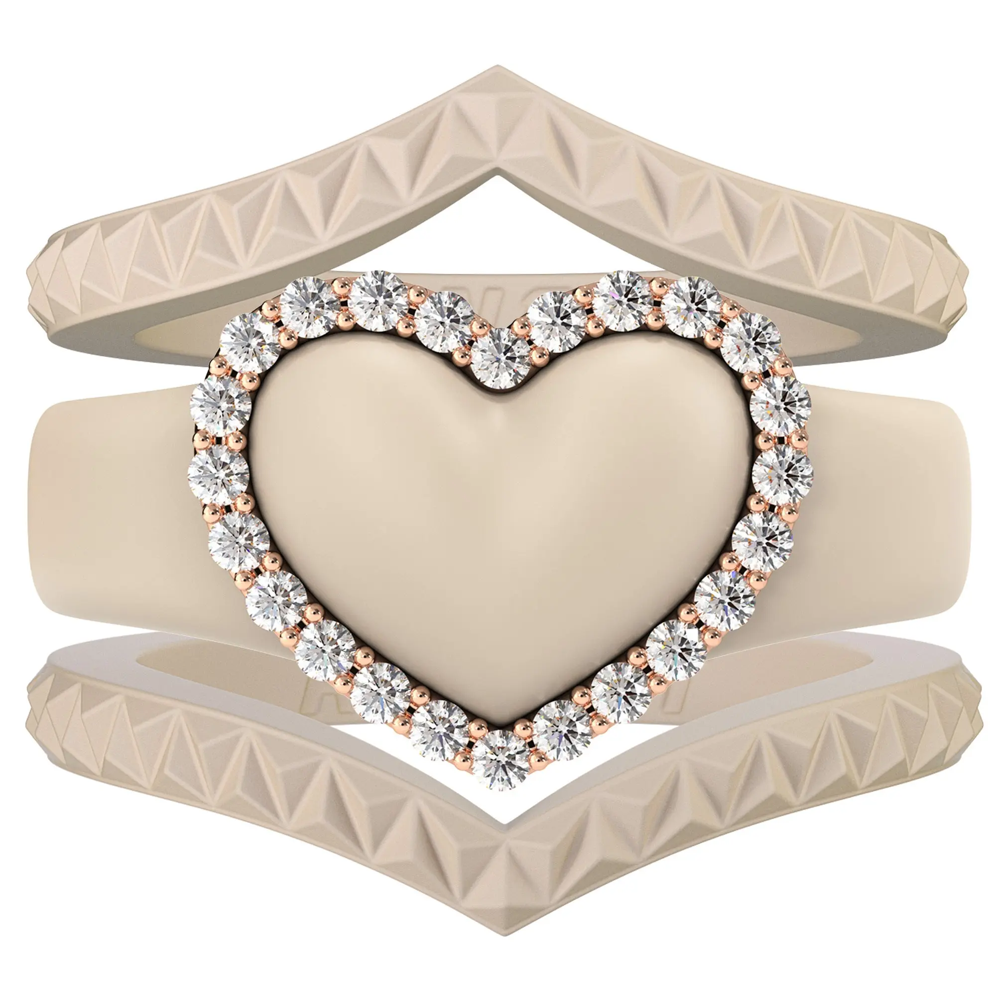 Stackable 3-Piece Ring Set - Women's Heart Metal Frame & CZ Stones Collection, Ring Stack, Layered Rings
