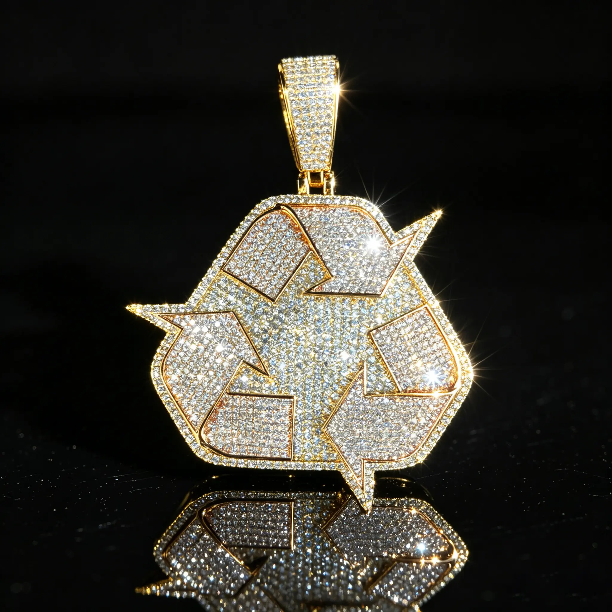 Male Recycle Arrow Charm & Pendant - Men's Copper Iced Out Accessory with Micro-Paved Cubic Zirconia, Large Hip Hop Streetwear Bling for Rappers