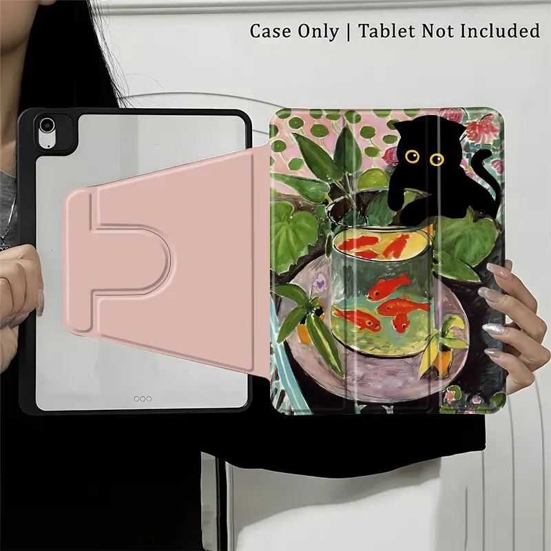 Colorful Cat Fish Art Tablet Case, 360° Rotating Stand Folio with Pencil Holder, Lightweight Anti-Fall Cover for 10.5/11 inch Tablets, Lovely Gift for Pet Lovers