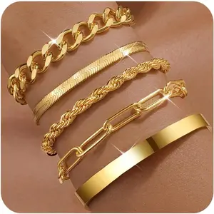 Gold Bracelets for Women Stack Non Tarnish 14K Gold Plated Chunky Gold Bangles Bracelet Set Beaded Paperclip Chain Cuban Link Dainty Trendy Waterproof Stackable Cuff Bracelets Jewelry Gifts for Women