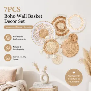 7pcs Hangable Boho Seagrass Rattan Wicker Wall Basket Decoration - Handmade Round Flat Woven Art, Natural Rustic Elegance for Farmhouse Living Room, Flower & Gift Display