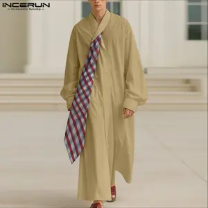INCERUN Men's Spring Autumn Artistic Style Loose Fit Longline Shirt Vintage Asymmetrical Placket Designer Long Sleeve Cardigan Men's Clothing Casual Holiday Robe