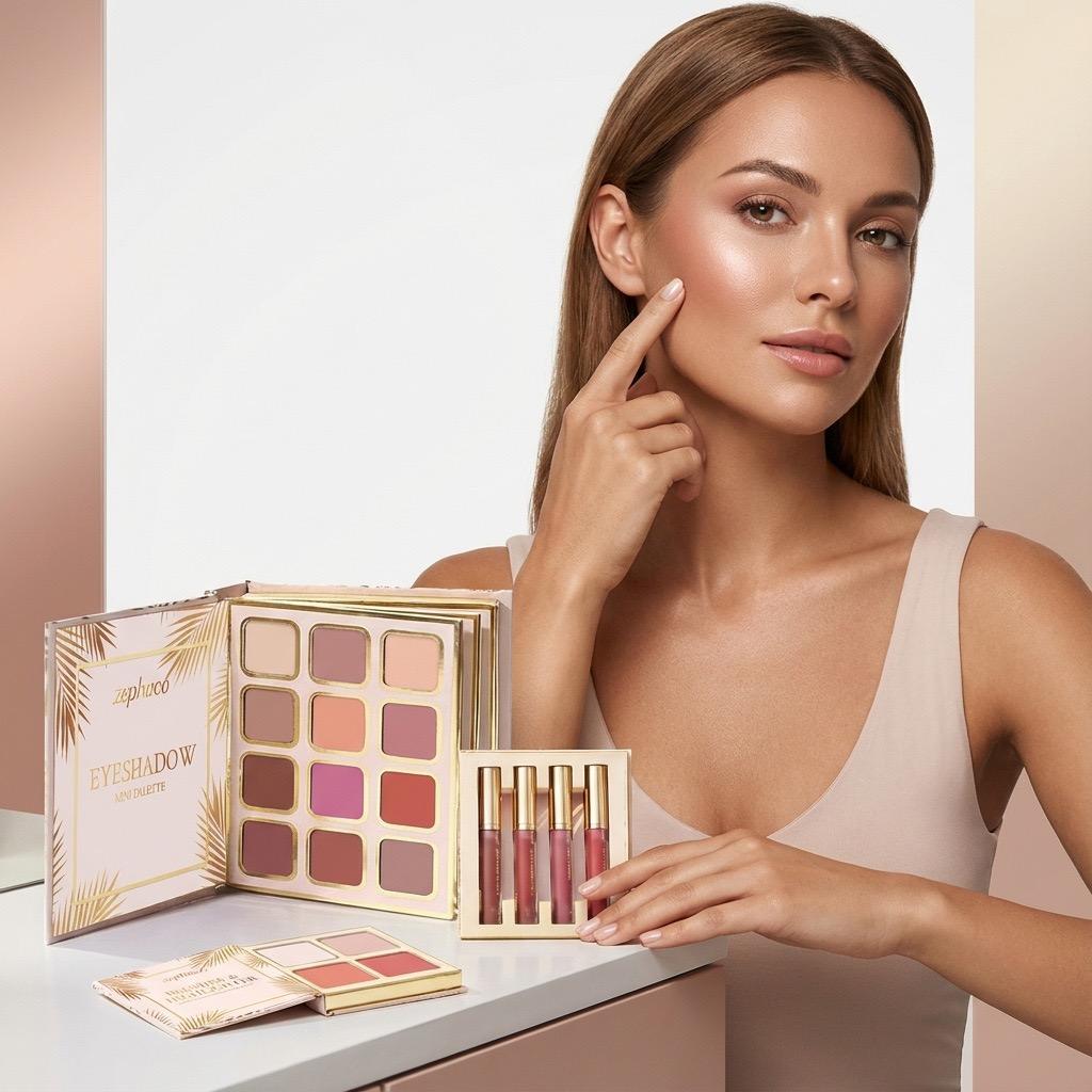 Zephoco Tropical Gold Makeup Complete Set – Eyeshadow, Blush, Lipstick, Foldable Makeup Palette for a Full Face Look