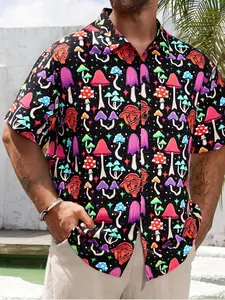 Men's Mushroom Print Short Sleeve Casual Graphic Shirt, Regular Fit Casual Colorful Botton Up Top for Summer, Men's Clothes for Beach Vacation, Menswear