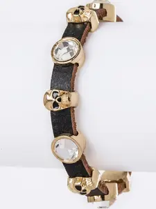 Skull & Crystal Slider Leather Bracelet - 7.5" Length, 0.4" Width, Lead & Nickel Compliant, Magnetic Clasp, Genuine Leather