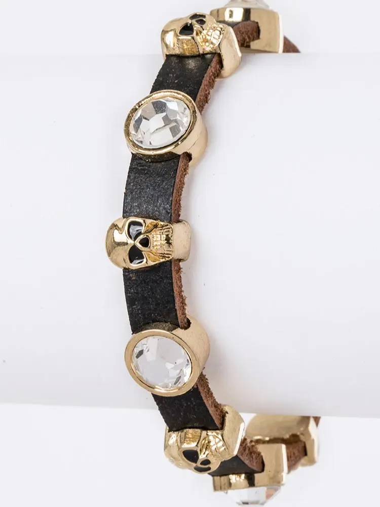 Genuine Leather Skull & Crystal Slider Bracelet - 7.5" Length, 0.4" Width, Lead & Nickel Compliant, Magnetic Clasp