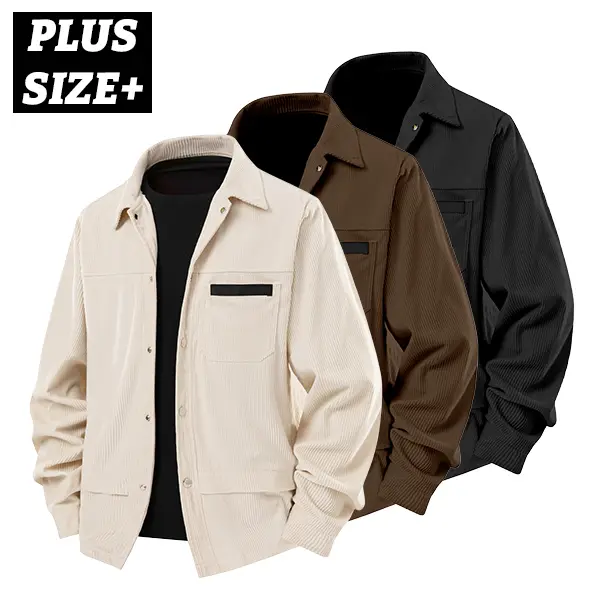 Spring/Autumn Corduroy Shirt Jacket with Lapel — Plus Size, Loose Fit, Multiple Storage Pockets, Available in Beige, Coffee, Black