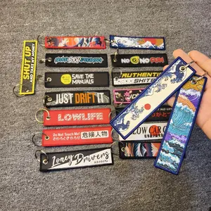 1PC Hot JDM Keychain Car Culture Style Fashion Tags Embroidered Short Cloth Rectangle Polyester Auto Holder Charm Key Ring