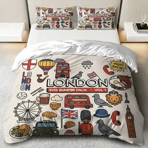 3PCS Duvet Cover Set, 1 Duvet+2 Pillowcases(Without filler), London British Iconic Vintage Travel Symbols theme, None bedding set, London decor UK culture Suitable for decoration bedroom living room hotel dormitory.
