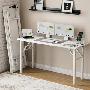 Frylr Small Folding Computer Desk – 55.1 Inch Portable Table for Craft and Study, Lightweight Desk for Small Spaces, Foldable Laptop Table Built-in AC/USB Outlets for Convenience, White