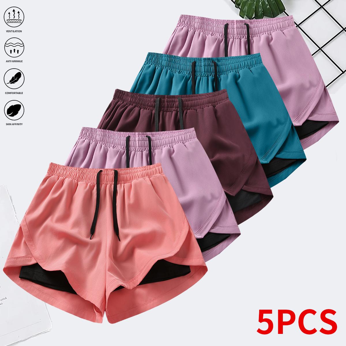 Women’s summer shorts: double-layer faux two-piece mid-length knit pants made from polyester–spandex fabric; breathable, quick-drying compression base layer shorts with elastic drawstring waist; suitable for fitness training, casual sports, and running.