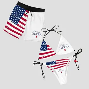 Michelob American Flag Matching Couples Swimwear Set with Iconic Beverage Graphics Adjustable Womens Tie Side Thong Bikini & Mens Beach Swim Shorts Hawaiian Style Summer Vacation Beachwear