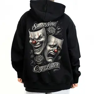 Smile Now Cry Later Silver Design Chicano Clothing Hoodies for Men Men's SMNCL4 Streetwear Lowrider Graphic Tee Unisex Loose Fit 50% Cotton 50% Polyester - Fabric, Menswear