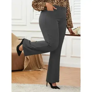 Plus Size Women's Solid High Rise Medium Stretch Workwear Tailored Pants - Classic Button Fly Design, Comfortable and Flattering Fit, Ideal for Office or Business Casual Events - Quality Fabric, Easy Care, and Versatile Style