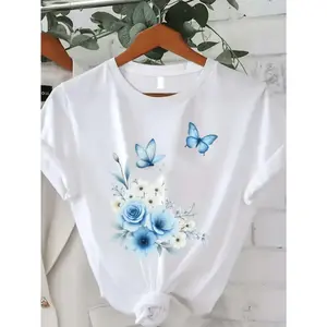 Women'S Oversized White Butterfly T-Shirt (1XL-5XL) - Loose Fit Round Neck Short Sleeve Blouse Top, Machine Washable Suitable For Home, Outing, Gift - Base Shirt For Christmas, Valentine'S Day, Casual Wear & Layering