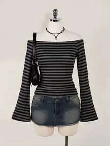 Y2K Gothic Striped Off-the-Shoulder Long Sleeve Top – Flare Sleeve Grunge Aesthetic Tee, Trendy Punk Ribbed Slim Fit Shirt for Streetwear & Alt Fashion | Retro E-Girl Style