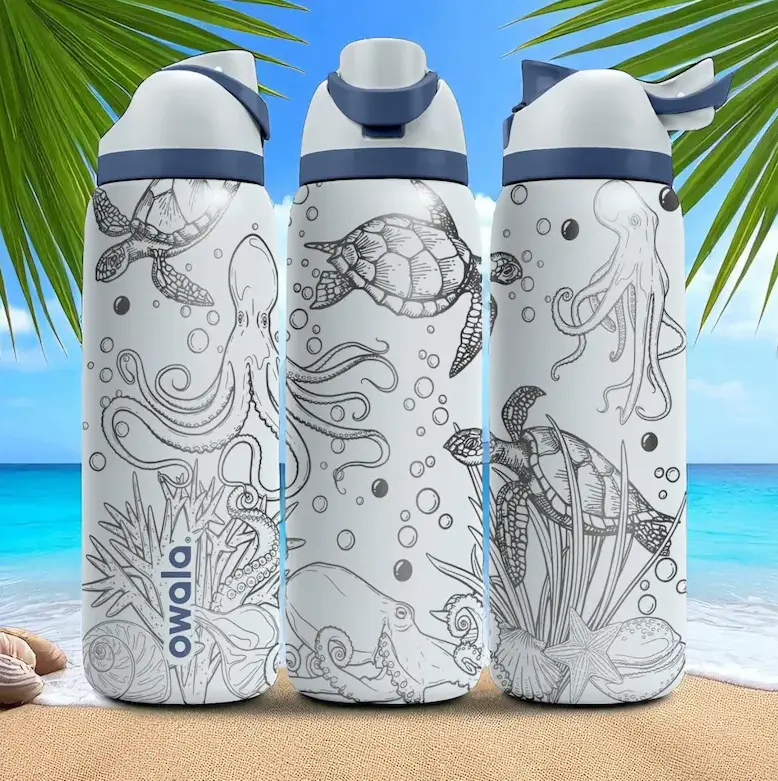 Owala Octopus Engraved Water Bottle 32oz Insulated Stainless Steel FreeSip Bottle, Ocean Sea Creature Design