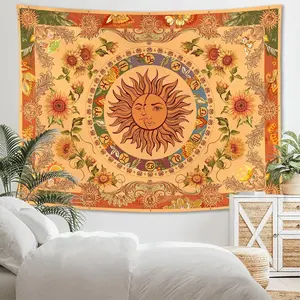 Accnicc Vintage Boho Style Yellow Sun and Moon Tapestry with Sunflower Butterfly Moth Constellation Wall Hanging for Home Decor