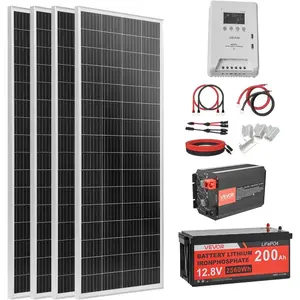 VEVOR 400W 12V Complete Solar Power Kit, 4PCS 100W Monocrystalline Solar Panels+ 12.8V 200Ah LiFePO Battery+ 40A MPPT Charge Controller+ 2000W Power Inverter for RV Home Camping Boats Off - GridVEVOR Super Brand Day