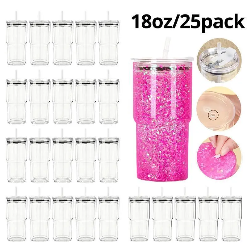 25-Pack 18oz Classic BPA-Free Transparent Acrylic Plastic Snow Globe Water Bottle Tumblers, Double-Wall DIY Glitter Liquid Cups with Pre-Drilled Hole, Plug, Straws, Lids, Portable Washable Reusable Drinkware, Water Bottles