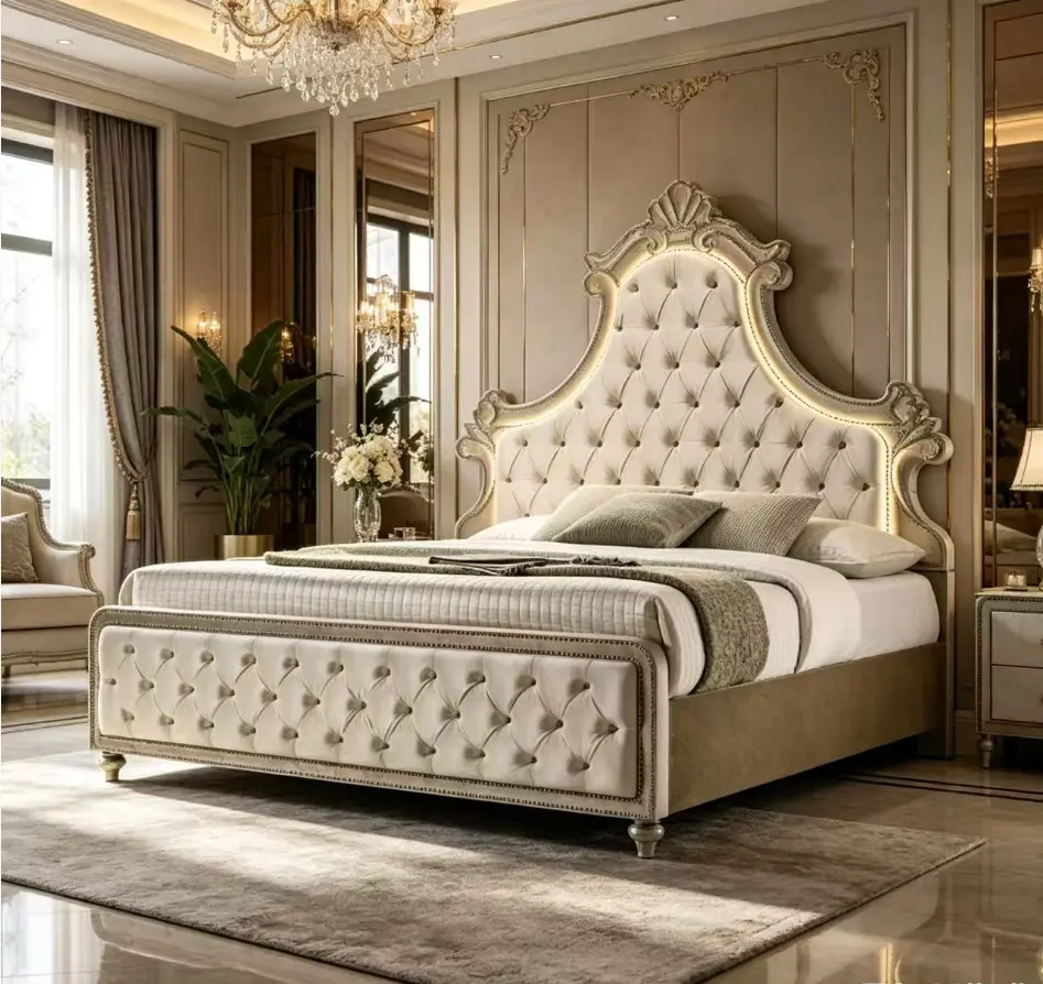 Bellemawe bed, beige velvet plush cushioned bed frame with LED lighting, clustered button headboard and footrest, luxurious French bedroom furniture