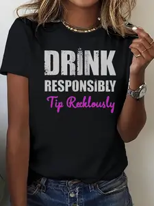 Unisex Funny Bartender "Drink Responsibly Tip Recklessly" Slogan T-Shirt - Retro Bartending Humor Graphic Tee, 220gsm Heavyweight (for 2025) Pure Cotton, Crew Neck Shirt for Parties, Bars, Gifts for Men & Women