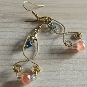 SCS-BWER2-013 Blush Harmony Earrings Handmade Gold-Tone Wire with Blush Pink Crystal Accents & Sky Blue Beads Feminine Romantic Jewelry