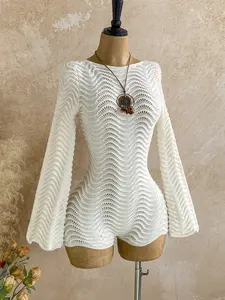 Women's Crochet Bell Sleeve Backless Tie Front One-Piece Dress, Boho Hollow Out Beach Cover-Up, Bohemian Cover Up, Summer Vacation Party Festival Wear, Beach Cover Ups