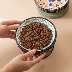 Ceramic Pet Cat & Dog Bowl Feeding Tray, High-Speed Iron Frame, Neck Protection, Anti-Choking Design, Bohemian Plate Style