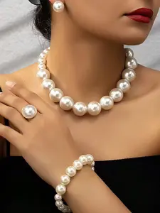 Elegant Faux Pearl Decorated Jewelry Set, Including Exquisite Bracelet & Necklace & Ring & Earrings, Women's French Style Jewelry Set, Fashionable Jewelry Set As Gift