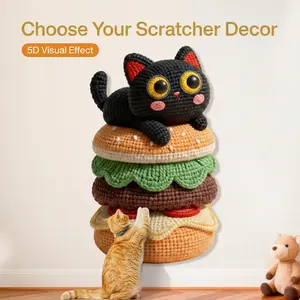 TUFFYUKI Cat Scratcher Wall Mounted Cute Hamburger Cat Scratching Pad For Indoor Cats Durable Sisal Rope Furniture Protector No Mess Carpet Protection Self Adhesive Vertical Scratcher For Glass Doors Painted Walls Apartment Decor